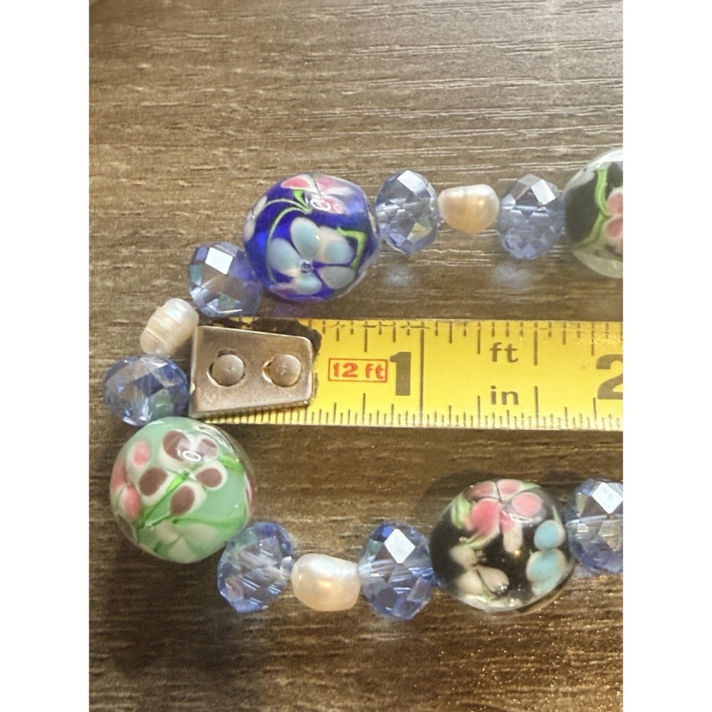 Floral Glass Pearl Beaded Necklace Blue Green Artisan Wedding Cake Style 23" - Picture 5 of 7